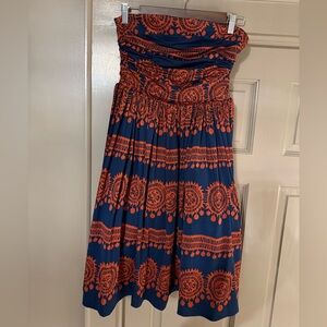 Anthropologie Strapless Navy and Orange Dress